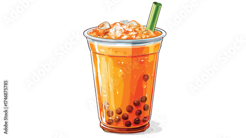 Refreshing Orange Bubble Tea Drink in Plastic Cup Vector Illustration
