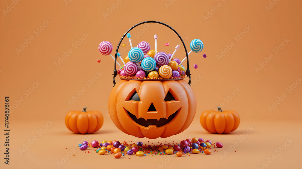 Fototapeta premium 3D Render of Cute Jack-O'-Lantern Candy Bucket Overstuffed with Colorful Lollipops and Sweets on an Orange Background for Trick or Treat and Holiday Promotion3