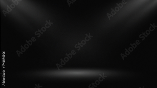 Dark dramatic background with dual spotlights shining from the upper corners, creating a moody and atmospheric stage-like effect. Ideal for product presentations, cinematic scenes, advertising desing