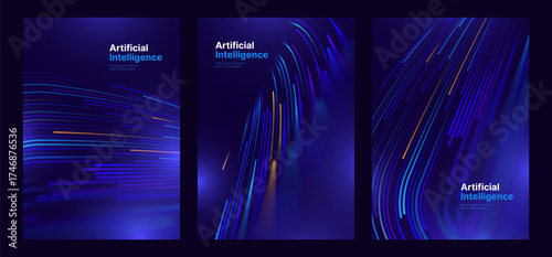 AI Technology or Tech Science Corporate Cover Background with Futuristic Light Lines on Dark Blue. Ideal for Annual Reports, Tech Presentations, and Science Innovation Themes. Vector Illustration.
