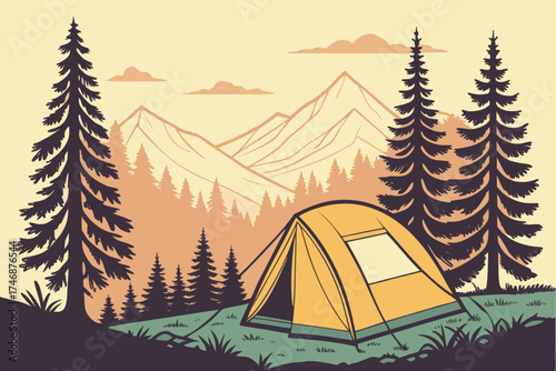  detailed illustration, camping tent in the forest, pine trees, mountains in the background, warm color palette, flat design, minimalist style
