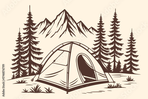  detailed illustration, camping tent in the forest, pine trees, mountains in the background, warm color palette, flat design, minimalist style
