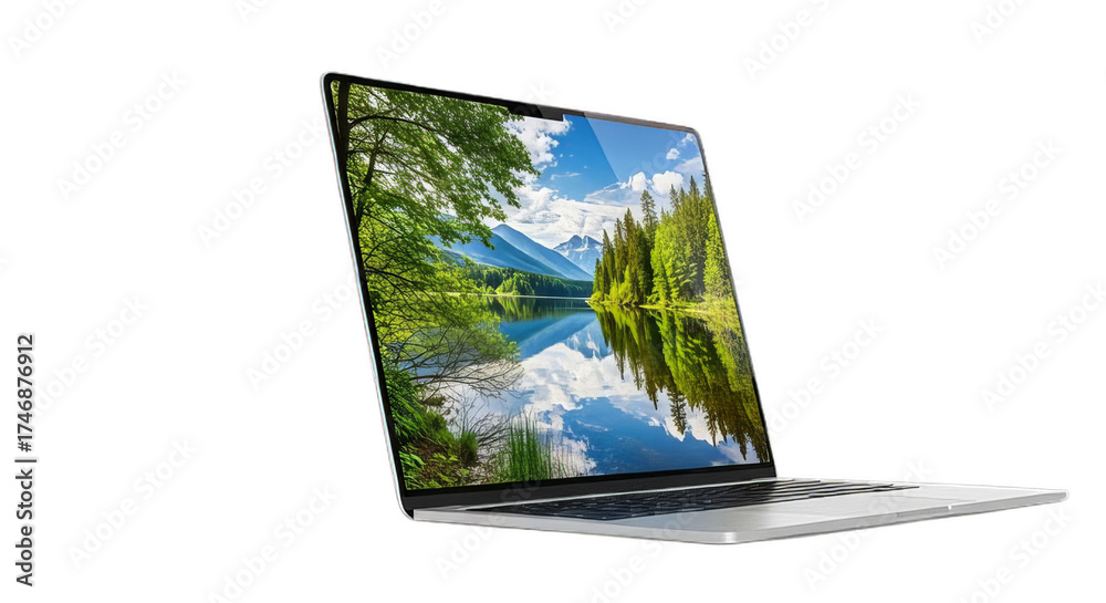 Fototapeta premium The digital display of a laptop computer shows a green screen under a blue sky, representing adaptable technology for business and communication