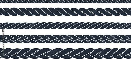 Vector art of collection of different types of dark blue ropes, showcasing various braiding techniques and thicknesses
