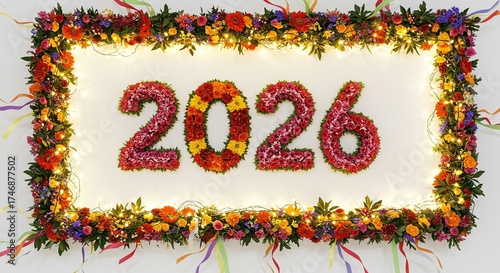 Floral 2026 Numbers Decoration with Lights and Ribbons.