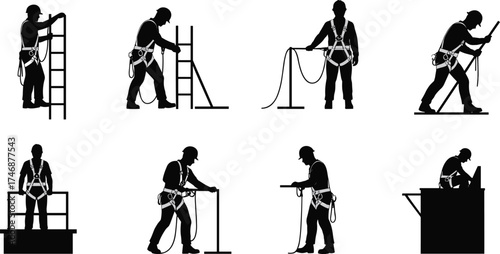 Construction worker silhouettes with safety harness, climbing ladders, handling ropes, industrial labor teamwork, building site safety illustration, protective equipment, Christmas zombie