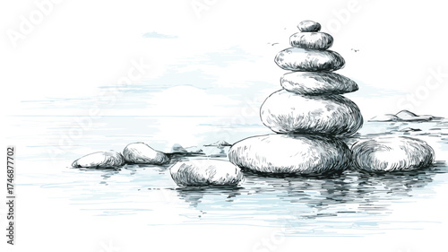 Tranquil Beach Scene with Zen Stones, Stacked Rocks, and Calm Water