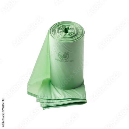 Stack of green biodegradable compostable trash bags for kitchen and home waste disposal transparent background