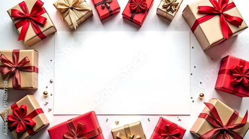 Gift Box Holiday Flat Lay – Red & Gold Presents with Confetti and Blank Center