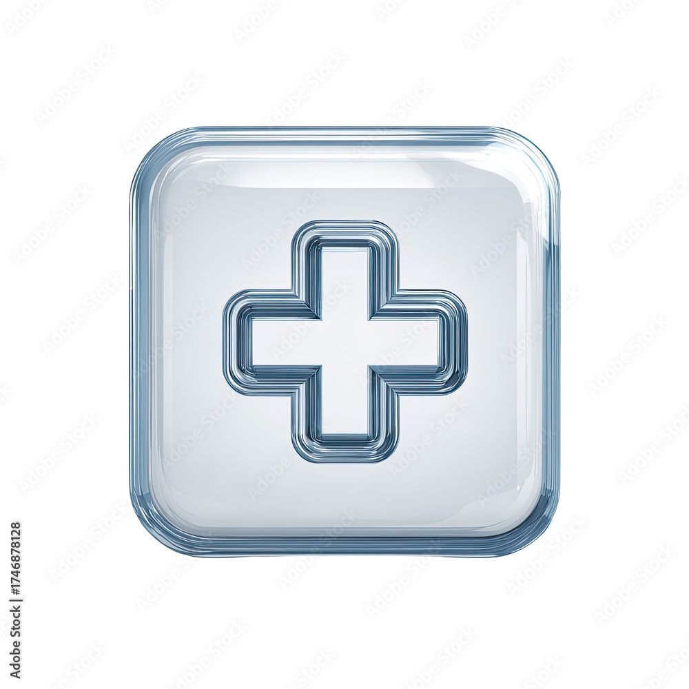 Obraz premium A frosted-glass square button features a recessed, white plus symbol. The edges have a subtle, light-blue bevel