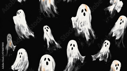 Seamless pattern of white ghost illustrations on black background, spooky Halloween design.