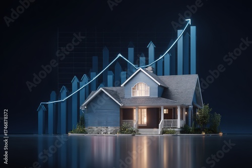 Home surrounded by rising market graph shows growth and stability in real estate investment opportunities