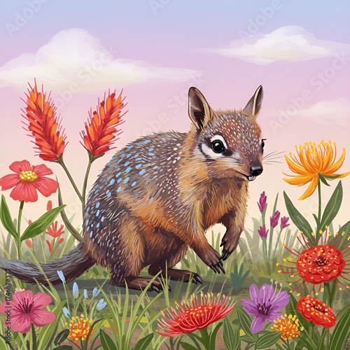 Whimsical Numbat Digital Painting with Floral Elements | World Numbat Day