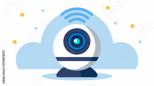 An IoTenabled home security camera mockup featuring a rotating lens and builtin motion detection alerts presented with a smart home interface.