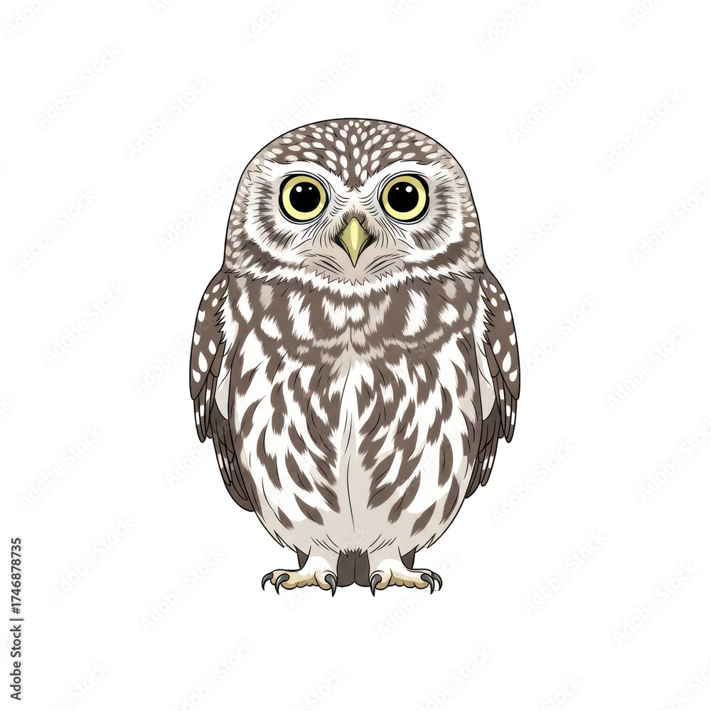 Fototapeta premium Cute Cartoon Little Owl Illustration with Big Yellow Eyes, Isolated on transparent background, Frontal View, Vector Graphic Wildlife Art. Transparent Isolated Element PNG
