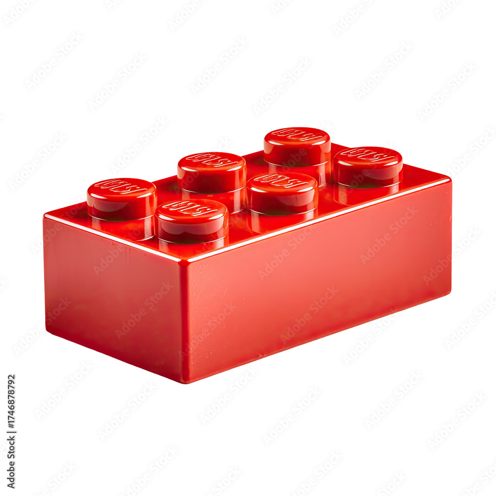 Fototapeta premium A vibrant red plastic brick with four studs on top, classic toy design, isolated on black background