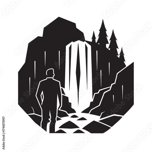 Man Standing By Waterfall Silhouette Vector