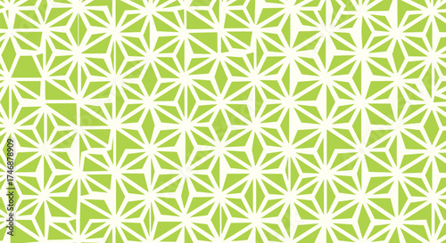 Vector art of geometric pattern with a light green and cream color palette, featuring a repeating starlike motif with sharp angles and symmetrical design, creating a modern and abstract visual