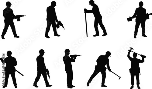 Construction worker silhouettes with tools, building site teamwork, industrial labor safety helmet, professional trades, Christmas zombie concept, engineering industry illustration