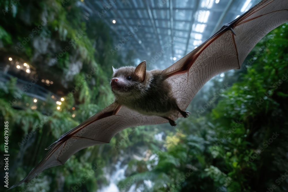 Fototapeta premium Bat soaring through lush greenery in a vibrant indoor rainforest setting
