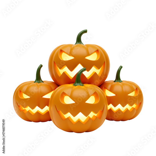 Illuminated Carved Pumpkins Stacked for Halloween Against a Transparent Background