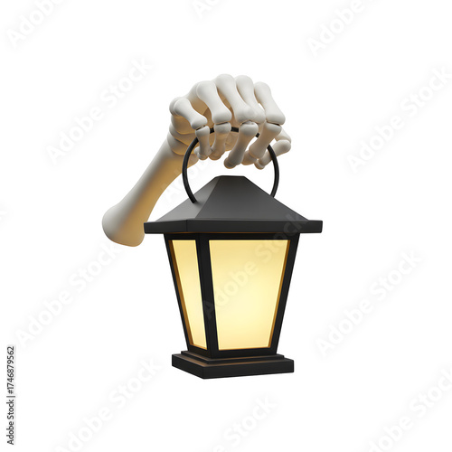 Skeleton Hand Holding Glowing Lantern Against Transparent Background Illustration