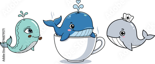 Cartoon whale set, cute marine animals, teacup whale illustration, sailor whale character, kids ocean clipart, vector art, white background