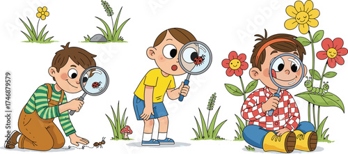 Children exploring insects outdoors, nature learning, magnifying glass activity, kids observing bugs, educational science, curiosity, summer field, cartoon vector illustration