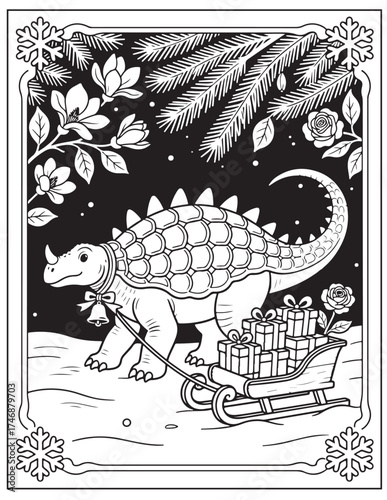 Festive Dinosaur Coloring Page with Sled and Presents - Printable Winter Ankylosaurus Art for Adults to Color and Relax
