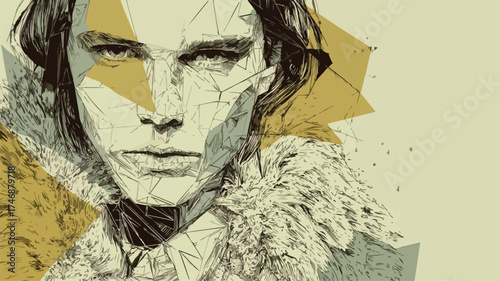 Serious Man with Dark Hair in Stylish Portrait with Fur Collar and Geometric Background