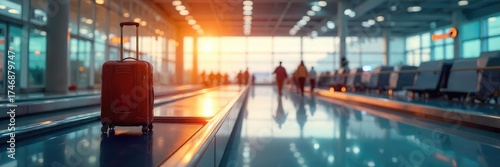A lone suitcase sits on a baggage carousel in a bustling airport terminal, awaiting its owner The scene evokes the anticipation and excitement of air travel , checked baggage, aircraft, departure