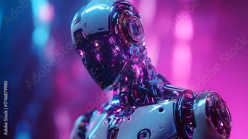 3D humanoid AI robot with glowing circuits in neon blue and purple cyberpunk style. Concept:
AI, robotics, cyberpunk, futuristic tech, innovation, digital future, machine intelligence, sci-fi design