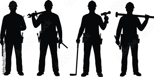 Construction worker silhouettes with tools, teamwork, labor industry, professional builders, heavy equipment, safety gear, teamwork concept, Christmas zombie illustration design
