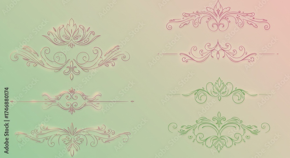 Naklejka premium Floral Thin Outline Vector Ornament Line Set with Pastel Gradient