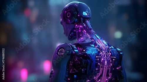 3D humanoid AI robot with glowing circuits in neon blue and purple cyberpunk style. Concept:
AI, robotics, cyberpunk, futuristic tech, innovation, digital future, machine intelligence, sci-fi design