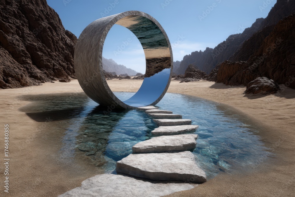 Fototapeta premium Unusual stone structure reflects desert landscape near tranquil water at midday