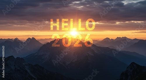Sunrise Over Mountains Welcoming the New Year 2023.