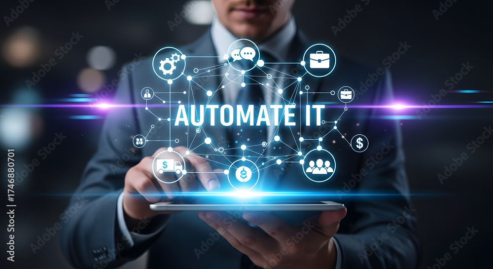 Fototapeta premium Businessman using tablet to automate business processes with digital network