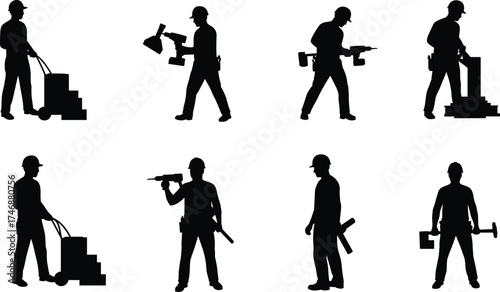 Construction worker silhouettes with tools, teamwork, safety helmet, industrial labor, building site, professional trades, power drill, hammer, Christmas zombie illustration concept