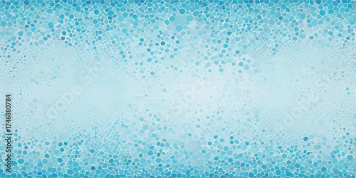 Wet, clear water drops form an abstract, fresh blue texture on a glass surface, creating a vibrant background