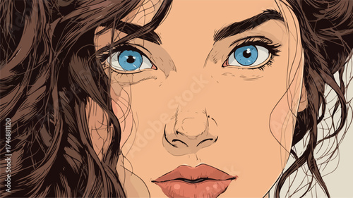Professional Young Woman Cartoon Portrait with Serious Expression and Brown Hair