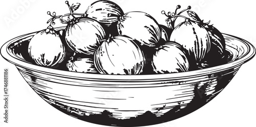 a bowl of gooseberries, hand-drawn in black ink on a white background. simple lines, minimalistic style, vector illustration. no shading or gradients