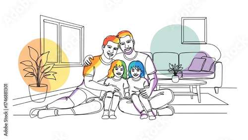 Continuous Line Drawing of Same-Sex Couple with Children in Living Room – Minimalist Family Love & Diversity Illustration