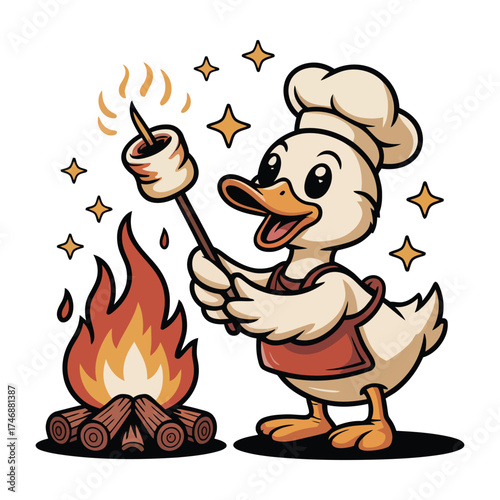 Chef Duck Roasting Marshmallow Vector, Campfire Cooking T-shirt Design Illustration