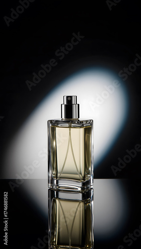 Perfume bottle mockup with glossy reflection and dramatic spotlight on black background.