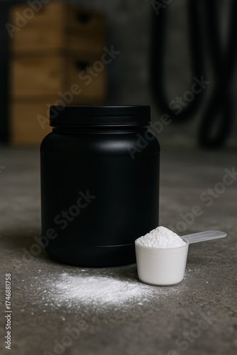 Black fitness supplement jar with scoop of white powder on gym floor, minimalist sports nutrition concept.