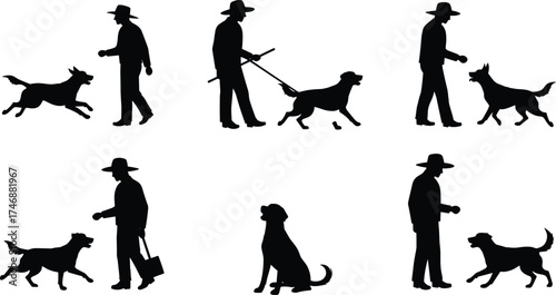 Silhouette vector illustration of man with hat interacting with dog in multiple activities including walking, training, companionship, obedience, and play