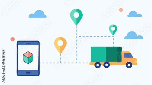An illustration of a digital tracking system showing a delivery route with GPS markers and a smartphone displaying realtime updates.