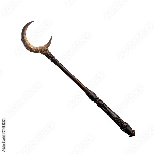 Ornate Crescent Staff Prop with Carved Wood Details on Black