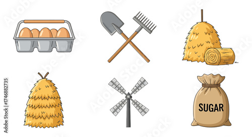Collection of Farm and Agriculture Related Items on White Background.